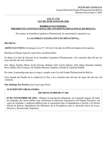 Rodrigo Paz promulga la abrogación de la ley que limitaba los estados de excepción 