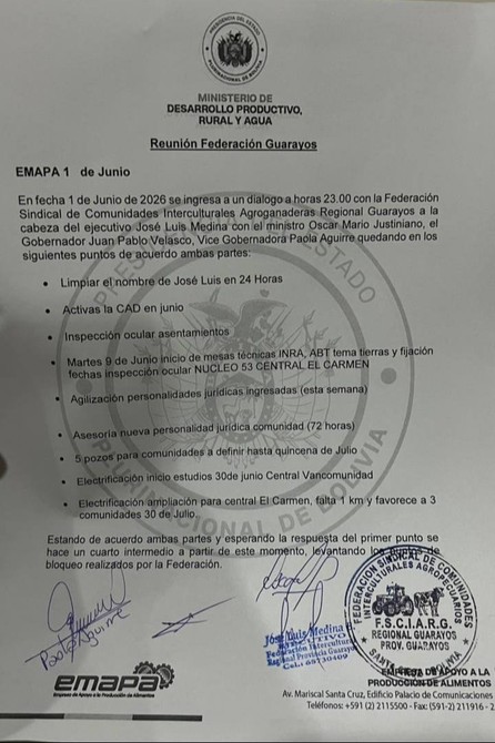 Autoridades y parte de los movilizados de Santa Cruz suscriben un acuerdo - Autoridades y parte de los movilizados de Santa Cruz suscriben un acuerdo