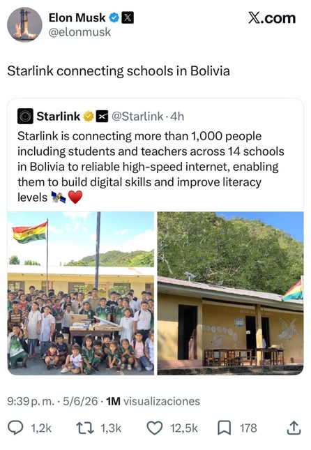Elon Musk resalta el acceso a internet de Starlink en 14 escuelas de Bolivia