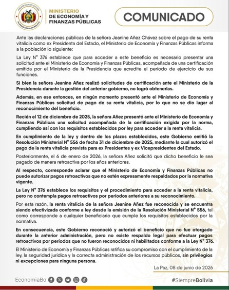 Ante el reclamo de Áñez, Gobierno dice que la ley “no contempla” el pago retroactivo de su renta vitalicia