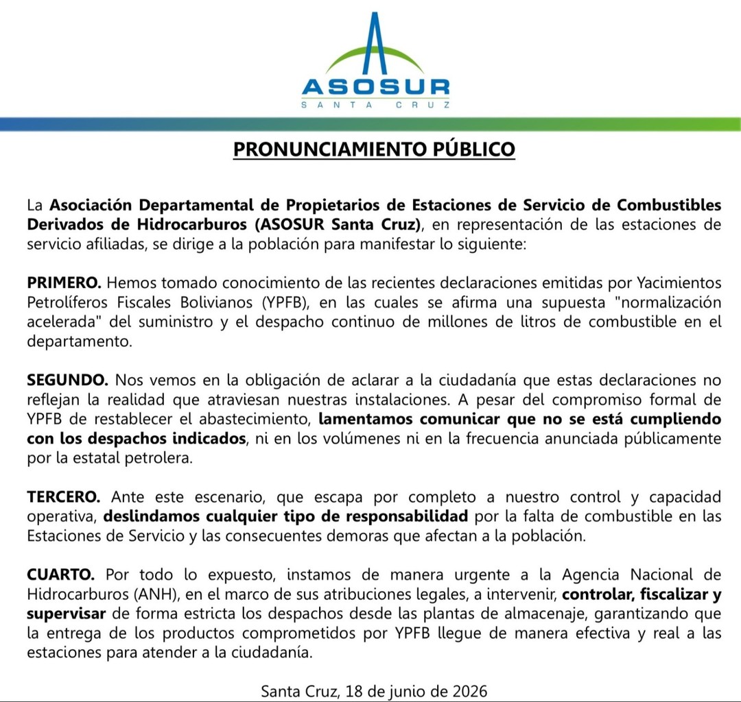 Persisten contradicciones entre YPFB y Asosur por el abastecimiento de combustibles en Santa Cruz- Persisten contradicciones entre YPFB y Asosur por el abastecimiento de combustibles en Santa Cruz