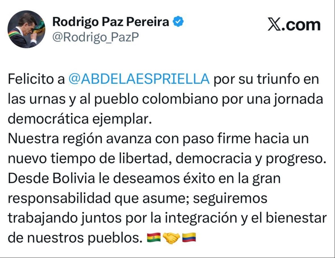 Rodrigo Paz felicita a Abelardo de la Espriella por su victoria presidencial en Colombia