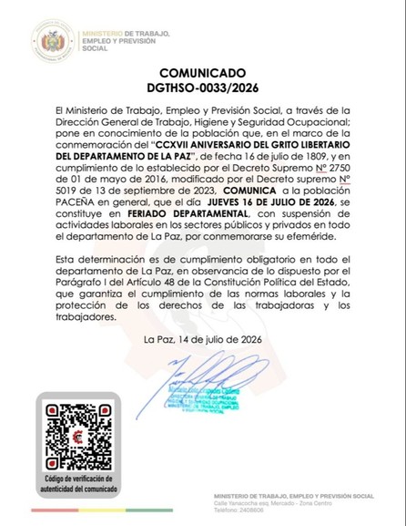 Gobierno descarta ampliar el feriado del 16 de julio en La Paz y ratifica que el viernes será laborable