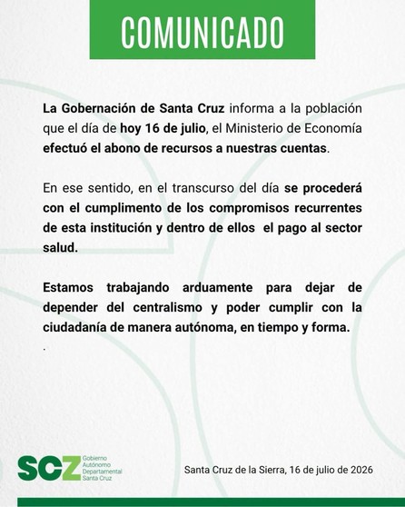 Gobernación de Santa Cruz anuncia pago al sector salud tras recibir desembolso del Ministerio de Economía- Gobernación de Santa Cruz anuncia pago al sector salud tras recibir desembolso del Ministerio de Economía