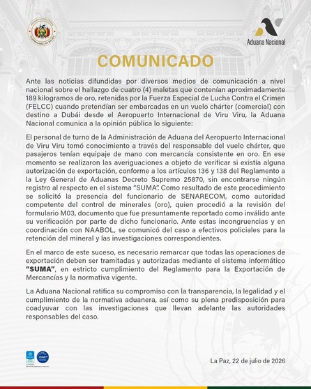 La Aduana señala que el responsable del vuelo chárter alertó que varios pasajeros portaban maletas con oro- La Aduana señala que el responsable del vuelo chárter alertó que varios pasajeros portaban maletas con oro