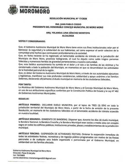 Moro Moro suspende actividades festivas y declara duelo municipal por tres días tras el accidente fatal